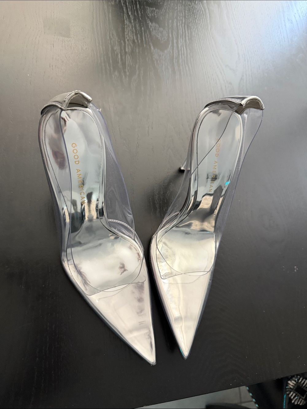Good American Clear PVC Pointed-Toe Stiletto Pumps with Silver Toe